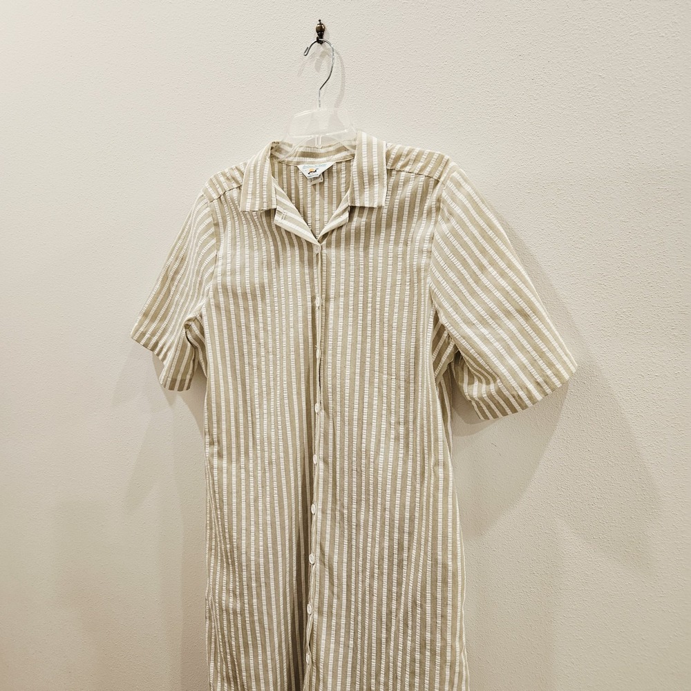 Vintage 90s Andrew Mcmullen White Beige Stripe Sz 12 Cotton Collared Shirt Dress - Picture 6 of 8